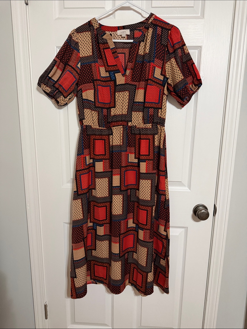 LOFT Geometric Print Dress in Red and Tan
